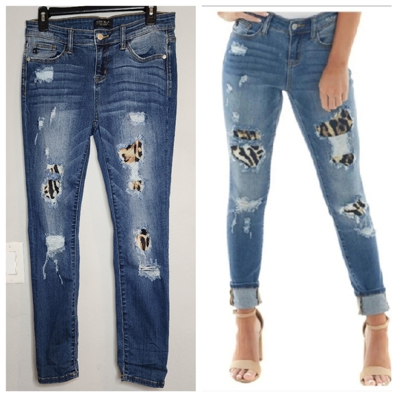 Judy Blue Stretch Denim Distressed Skinny Jeans Leopard Print Patch size 7/28 - Picture 1 of 16